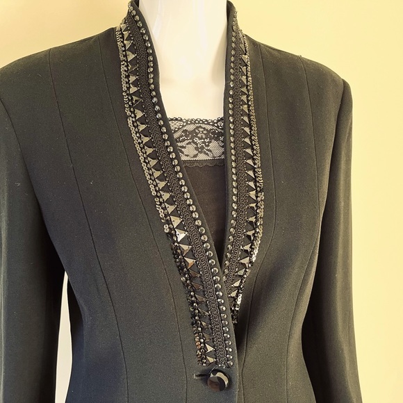 Jones New York long black tuxedo style blazer jacket shiny beaded V neck collar - Picture 8 of 15